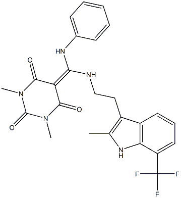 1,3-DIMETHYL-5-((2-(2-METHYL-7-(TRIFLUOROMETHYL)-1H-INDOL-3-YL)ETHYLAMINO)(PHENYLAMINO)METHYLENE)PYRIMIDINE-2,4,6(1H,3H,5H)-TRIONE 结构式