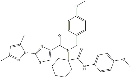 2-(3,5-DIMETHYL-1H-PYRAZOL-1-YL)-N-(4-METHOXYBENZYL)-N-(1-(4-METHOXYPHENYLCARBAMOYL)CYCLOHEXYL)THIAZOLE-4-CARBOXAMIDE 结构式