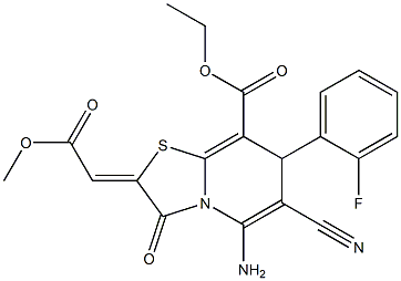 ETHYL 5-AMINO-6-CYANO-7-(2-FLUOROPHENYL)-2-[(Z)-2-METHOXY-2-OXOETHYLIDENE]-3-OXO-7H-[1,3]THIAZOLO[3,2-A]PYRIDINE-8(3H)-CARBOXYLATE 结构式