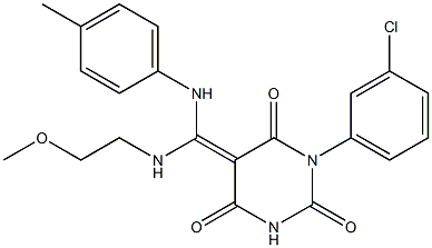 (Z)-5-((P-TOLUIDINO)(2-METHOXYETHYLAMINO)METHYLENE)-1-(3-CHLOROPHENYL)PYRIMIDINE-2,4,6(1H,3H,5H)-TRIONE 结构式