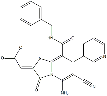 METHYL 2-[5-AMINO-8-[(BENZYLAMINO)CARBONYL]-6-CYANO-3-OXO-7-(3-PYRIDINYL)-7H-[1,3]THIAZOLO[3,2-A]PYRIDIN-2(3H)-YLIDENE]ACETATE 结构式