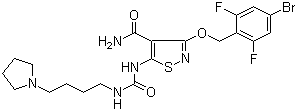 3-[(4-溴-2,6-二氟芐基)氧基]-5-[3-[4-(吡咯烷-1-基)丁基]脲基]異噻唑-4-甲酰胺,3-[(4-Bromo-2,6-difluorobenzyl)oxy]-5-[3-[4-(pyrrolidin-1-yl)butyl]ureido]isothiazole-4-carboxamide