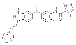 AG13958,(E)-N-(2-fluoro-5-(3-(2-(pyridin-2-yl)vinyl)-1H-indazol-6-ylamino)phenyl)-1,3-dimethyl-1H-pyrazole-5-carboxamide