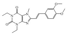伊曲茶碱，8-[(E)-2-(3,4- 二甲氧基苯基 )乙烯基 ]-1,3-二乙基-7- 甲基嘌呤-2,6-二酮,Istradefylline，(E)-8-(3,4-Dimethoxystyryl)-1,3-diethyl-7-methyl-1H-purine-2,6(3H,7H)-dione