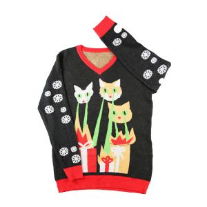 2015 Fall Christmas Gift Sweater Soft Acrylic Colorful Jacquard Snow Cat V-Neck Pullover