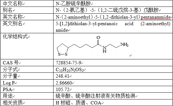 N-乙胺硫辛酰胺,N-（2-aminoethyl）-5-（1,2-dithiolan-3-yl）pentanammide