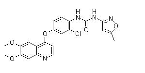 Tivozanib, AV951,N-[2-Chloro-4-[(6,7-dimethoxy-4-quinolyl)oxy]phenyl]-N'-(5-methyl-3-isoxazolyl)urea,Tivozanib, AV951,N-[2-Chloro-4-[(6,7-dimethoxy-4-quinolyl)oxy]phenyl]-N'-(5-methyl-3-isoxazolyl)urea