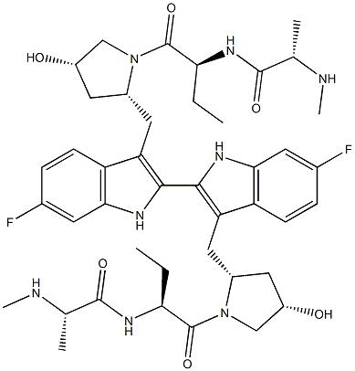 (2S,2'S)-N,N'-[(6,6'-Difluoro[2,2'-bi-1H-indole]-3,3'-diyl)bis[methylene[(2R,4S)-4-hydroxy-2,1-pyrro,(2S,2'S)-N,N'-[(6,6'-Difluoro[2,2'-bi-1H-indole]-3,3'-diyl)bis[methylene[(2R,4S)-4-hydroxy-2,1-pyrrolidinediyl][(1S)-1-ethyl-2-oxo-2,1-ethanediyl]]]bis[2-(methylamino)-propanamide