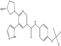 (R)-N- (4-(chlorodifluoromethoxy)phenyl)- 6-(3- hydroxypyrrolidin-1- yl)-5- (1H-pyrazol- 5-yl)nicoti