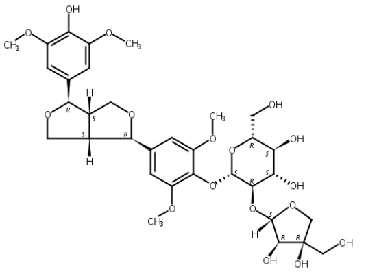 (-)-丁香树脂酚-4-O-β-D-呋喃芹糖基-(1→2)-β-D-吡喃葡萄糖苷,(-)-Syringaresnol-4-O-β-D-apiofuranosyl-(1→2)-β-D-glucopyranoside