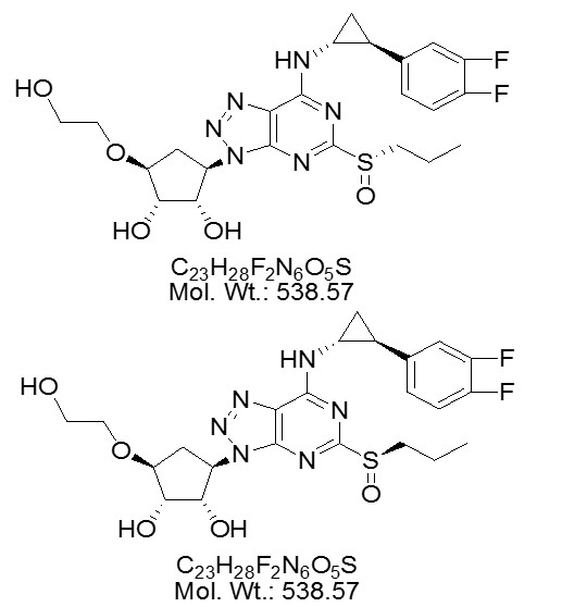 替格瑞洛,(1S,2S,3R,5S)-3-[7-[[(1R,2S)-2-(3,4-Difluorophenyl)cyclopropyl]amino]-5-(propylsulfinyl)-3H-1,2,3-triazolo[4,5-d]pyrimidin-3-yl]-5-(2-hydroxyethoxy)-1,2-cyclopentanediol