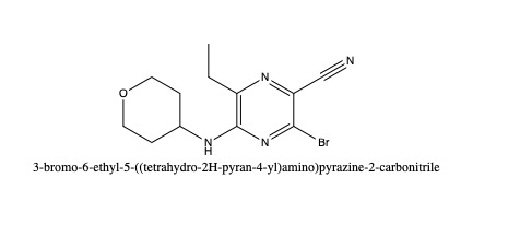 3-bromo-6-ethyl-5-((tetrahydro-2H-pyran-4-yl)amino)pyrazine-2-carbonitrile,3-bromo-6-ethyl-5-((tetrahydro-2H-pyran-4-yl)amino)pyrazine-2-carbonitrile