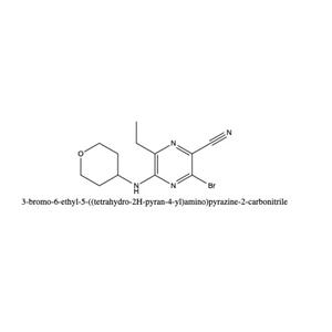 3-bromo-6-ethyl-5-((tetrahydro-2H-pyran-4-yl)amino)pyrazine-2-carbonitrile,3-bromo-6-ethyl-5-((tetrahydro-2H-pyran-4-yl)amino)pyrazine-2-carbonitrile