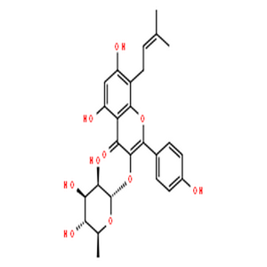 宝藿苷II；大花淫羊藿苷A；意卡瑞苷A,4H-1-Benzopyran-4-one,3-[(6-deoxy-a-L-mannopyranosyl)oxy]-5,7-dihydroxy-2-(4-hydroxyphenyl)-8-(3-methyl-2-buten-1-yl)-