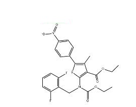 2-((2,6-二氟芐基)(乙氧羰基)氨基)-4-甲基-5-(4-硝基苯基)噻吩-3-羧酸乙酯,ethyl 2-((2,6-difluorobenzyl)(ethoxycarbonyl)amino)-4-methyl-5-(4-nitrophenyl)thiophene-3-carboxylate