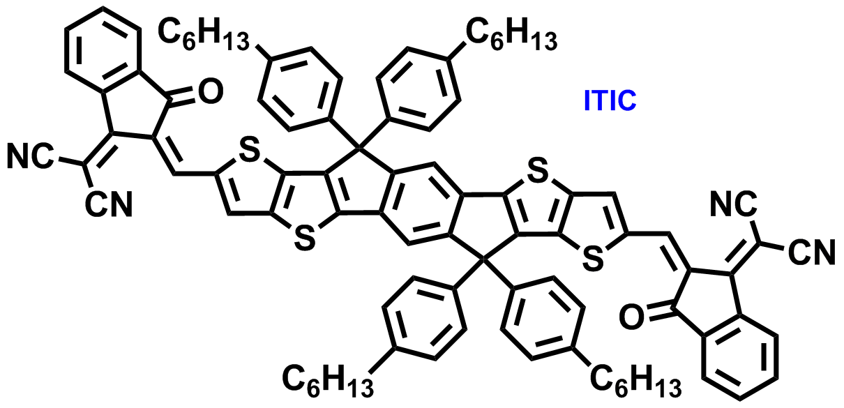 ITIC,ITIC; 3,9-bis(2-methylene- (3-(1,1-dicyanomethylene)-indanone)-5,5,11,11-tetrakis(4- hexylphenyl)-dithieno[2,3-d:2′,3′-d′]-s-indaceno[1,2-b:5,6-b′]- dithiophene