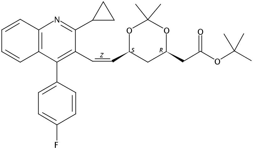 匹伐他汀杂质,(4R,6S)- 1,3-Dioxane-4-acetic acid, 6-[(1Z)-2-[2-cyclopropyl-4-(4-fluorophenyl)-3-quinolinyl]ethenyl]-2,2-dimethyl-, 1,1-dimethylethyl ester