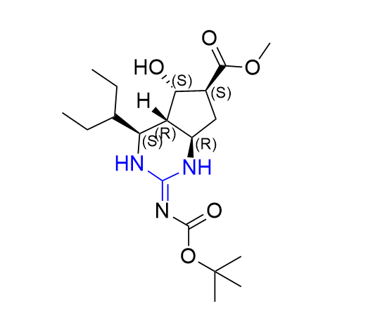 帕拉米韦杂质20,methyl (4S,4aR,5S,6S,7aR,E)-2-((tert-butoxycarbonyl)imino)-5- hydroxy-4-(pentan-3-yl)octahydro-1H-cyclopenta[d]pyrimidine-6- carboxylate