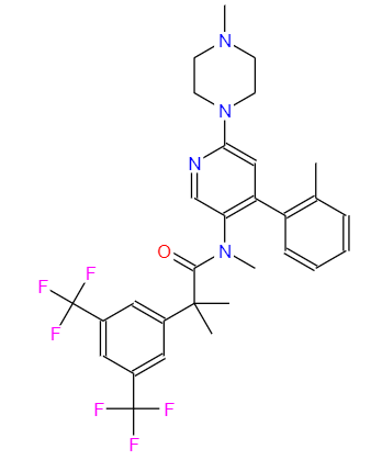 奈妥吡坦,2-[3,5-bis(trifluoromethyl)phenyl]-N,2-dimethyl-N-[4-(2-methylphenyl)-6-(4-methylpiperazin-1-yl)pyridin-3-yl]propanamide