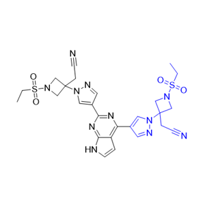 巴瑞克替尼雜質(zhì)09,2-(3-(4-(4-(1-(3-(cyanomethyl)-1-(ethylsulfonyl)azetidin-3-yl)-1H-pyrazol-4-yl)-7H-pyrrolo[2,3-d]pyrimidin-2-yl)-1H-pyrazol-1-yl)-1-(ethylsulfonyl)azetidin-3-yl)acetonitrile