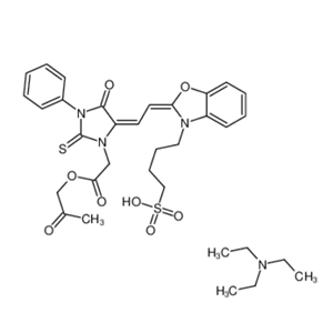 4-[（2Z）-2-[（2E）-2-[5-氧代-3-[2-氧代-2-（2-氧代丙氧基）乙基]-1-苯基-2-磺酰亚亚咪唑烷-4-亚基亚基亚]亚乙基]-1，3-苯并恶唑-3-基]丁烷-1-磺酸盐