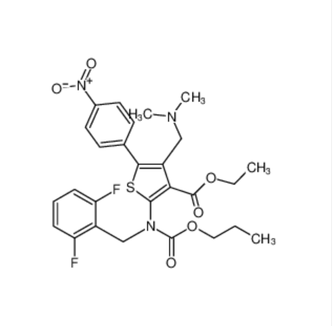 3-Thiophenecarboxylic acid, 2-[[(2,6-difluorophenyl)methyl](propoxycarbonyl)amino]-4-[(dimethylamin,3-Thiophenecarboxylic acid, 2-[[(2,6-difluorophenyl)methyl](propoxycarbonyl)amino]-4-[(dimethylamino)methyl]-5-(4-nitrophenyl)-, ethyl ester