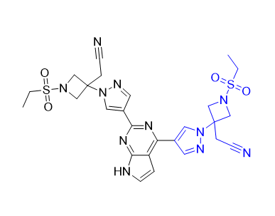 巴瑞克替尼杂质09,2-(3-(4-(4-(1-(3-(cyanomethyl)-1-(ethylsulfonyl)azetidin-3-yl)-1H-pyrazol-4-yl)-7H-pyrrolo[2,3-d]pyrimidin-2-yl)-1H-pyrazol-1-yl)-1-(ethylsulfonyl)azetidin-3-yl)acetonitrile