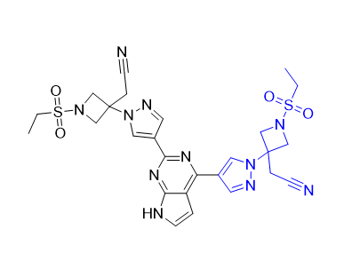 巴瑞克替尼雜質(zhì)09,2-(3-(4-(4-(1-(3-(cyanomethyl)-1-(ethylsulfonyl)azetidin-3-yl)-1H-pyrazol-4-yl)-7H-pyrrolo[2,3-d]pyrimidin-2-yl)-1H-pyrazol-1-yl)-1-(ethylsulfonyl)azetidin-3-yl)acetonitrile