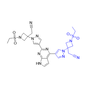 巴瑞克替尼杂质09,2-(3-(4-(4-(1-(3-(cyanomethyl)-1-(ethylsulfonyl)azetidin-3-yl)-1H-pyrazol-4-yl)-7H-pyrrolo[2,3-d]pyrimidin-2-yl)-1H-pyrazol-1-yl)-1-(ethylsulfonyl)azetidin-3-yl)acetonitrile