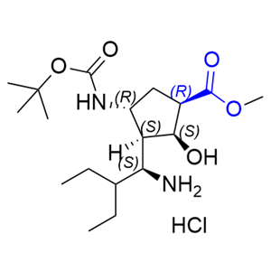 帕拉米韦杂质33,methyl (1R,2S,3S,4R)-3-((S)-1-amino-2-ethylbutyl)-4-((tert-butoxycarbonyl)amino)-2-hydroxycyclopentane-1-carboxylate hydrochloride