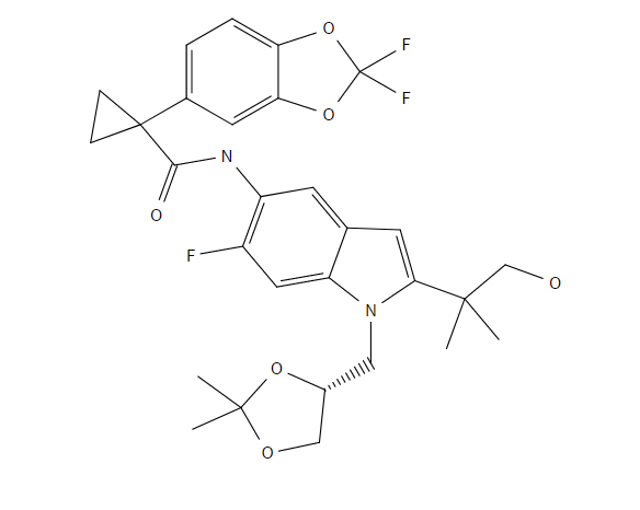 (R)-1-(2,2-difluorobenzo[d][1,3]dioxol-5-yl)-N-(1-((2,2-dimethyl-1,3-dioxolan-4-yl)methyl)-6-fluoro-,(R)-1-(2,2-difluorobenzo[d][1,3]dioxol-5-yl)-N-(1-((2,2-dimethyl-1,3-dioxolan-4-yl)methyl)-6-fluoro-2-(1-hydroxy-2-methylpropan-2-yl)-1H-indol-5-yl)cyclopropanecarboxamide