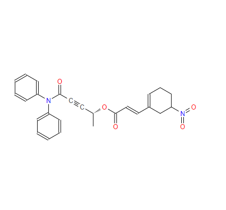 沃拉帕沙M-5,2-Propenoic acid, 3-(5-nitro-1-cyclohexen-1-yl)-, (1R)-4-(diphenylaMino)-1-Methyl-4-oxo-2-butyn-1-yl ester, (2E)-
