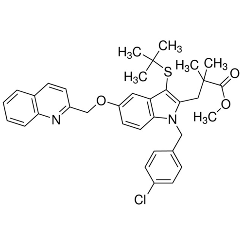 Methyl 3-(3-(<I>tert</I>-butylthio)-1-(4-chlorobenzyl)-5-(quinolin-2-ylmethoxy)-1<I>H</I>-indol-2-yl)-2,2-dimethylpropanoate,136694-18-3