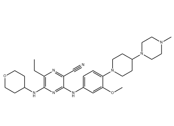 吉列替尼N-1,2-Pyrazinecarbonitrile, 6-ethyl-3-[[3-methoxy-4-[4-(4-methyl-1-piperazinyl)-1-piperidinyl]phenyl]amino]-5-[(tetrahydro-2H-pyran-4-yl)amino]-