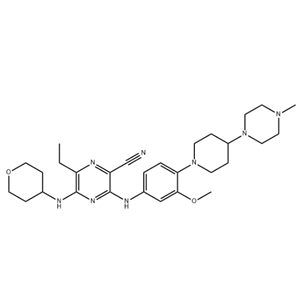 吉列替尼N-1,2-Pyrazinecarbonitrile, 6-ethyl-3-[[3-methoxy-4-[4-(4-methyl-1-piperazinyl)-1-piperidinyl]phenyl]amino]-5-[(tetrahydro-2H-pyran-4-yl)amino]-