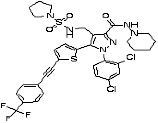 1-(2,4-二氯苯基)-N-1-哌啶基-4-[[(1-吡咯烷基磺酰基)氨基]甲基]-5-[5-[2-[4-(三氟甲基)苯基]乙炔基]-2-噻吩基]-1H-吡唑-3-甲酰胺,1-(2,4-Dichloro-phenyl)-4-[(pyrrolidine-1-sulfonylamino)-methyl]-5-[5-(4-trifluoromethyl-phenylethynyl)-thiophen-2-yl]-1H-pyrazole-3-carboxylic acid piperidin-1-ylamide