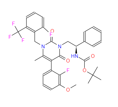 N-[(1R)-2-[5-(2-氟-3-甲氧基苯基)-3-[[2-氟-6-(三氟甲基)苯基]甲基]-3,6-二氫-4-甲基-2,6-二氧代-1(2H)-嘧啶基]-1-苯基乙基]氨基甲酸叔丁酯,N-[(1R)-2-[5-(2-fluoro-3-methoxyphenyl)-3-[[2-fluoro-6-(trifluoromethyl)phenyl]methyl]-3,6-dihydro-4-methyl-2,6-dioxo-1(2H)-pyrimidinyl]-1-phenylethyl]-, 1,1-dimethylethyl ester