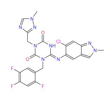 (E)-6-((6-氯-2-甲基-2H-吲唑-5-基)亚氨基)-3-((1-甲基-1H-1,2,4-三唑-3-基)甲基 )-1-(2,4,5-三氟苄基)-1,3,5-三嗪烷-2,4-二酮,(E)-6-((6-chloro-2-methyl-2H-indazol-5-yl)imino)-3-((1-methyl-1H-1,2,4-triazol-3-yl)methyl)-1-(2,4,5-trifluorobenzyl)-1,3,5-triazinane-2,4-dione