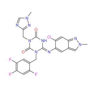 (E)-6-((6-氯-2-甲基-2H-吲唑-5-基)亚氨基)-3-((1-甲基-1H-1,2,4-三唑-3-基)甲基 )-1-(2,4,5-三氟苄基)-1,3,5-三嗪烷-2,4-二酮,(E)-6-((6-chloro-2-methyl-2H-indazol-5-yl)imino)-3-((1-methyl-1H-1,2,4-triazol-3-yl)methyl)-1-(2,4,5-trifluorobenzyl)-1,3,5-triazinane-2,4-dione