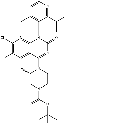 叔丁基(S)-4-(7-氯-6-氟-1-(2-異丙基-4-甲基吡啶-3-基)-2-氧代-1,2-二氫吡啶[2,3-d]嘧啶-4-基)-3-甲基哌嗪-1-羧酸鹽,tert-butyl (S)-4-(7-chloro-6-fluoro-1-(2-isopropyl-4-methylpyridin-3-yl)-2-oxo-1,2-dihydropyrido[2,3-d]pyrimidin-4-yl)-3-methylpiperazine-1-carboxylate