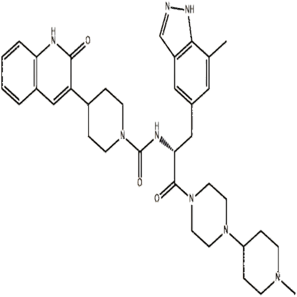 1-Piperidinecarboxamide, 4-(1,2-dihydro-2-oxo-3-quinolinyl)-N-[(1R)-1-[(7-methyl-1H-indazol-5-yl)met,1-Piperidinecarboxamide, 4-(1,2-dihydro-2-oxo-3-quinolinyl)-N-[(1R)-1-[(7-methyl-1H-indazol-5-yl)methyl]-2-[4-(1-methyl-4-piperidinyl)-1-piperazinyl]-2-oxoethyl]-