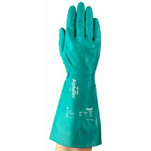 防化手套 绿色丁腈 AQUADRI专利吸湿内涂层 翻转菱形掌纹 0.74mm厚 38cm长 平直袖口 9码|9码|Ansell/安思尔