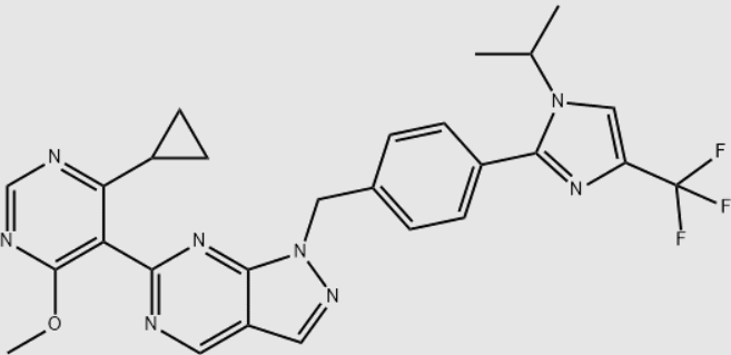KSQ-4279,1H-Pyrazolo[3,4-d]pyrimidine, 6-(4-cyclopropyl-6-methoxy-5-pyrimidinyl)-1-[[4-[1-(1-methylethyl)-4-(trifluoromethyl)-1H-imidazol-2-yl]phenyl]methyl]-