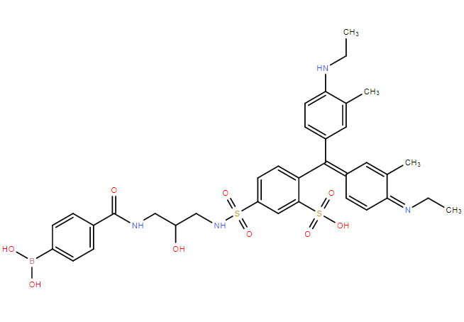 5-(N-(3-(4-硼酸苯甲酰胺基)-2-羟丙基)氨磺酰基)-2-((4-(乙基氨基)-3-甲基苯基)(4-(乙基亚氨基)-3-甲基环己-2,5-二烯-1-亚基)甲基)苯磺酸,5-(N-(3-(4-Boronobenzamido)-2-hydroxypropyl)sulfamoyl)-2-((4-(ethylamino)-3-methylphenyl)(4-(ethylimino)-3-methylcyclohexa-2,5-dien-1-ylidene)methyl)benzenesulfonic acid