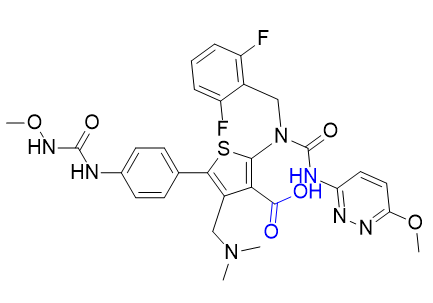 瑞盧戈利雜質(zhì)13,2-(1-(2,6-difluorobenzyl)-3-(6-methoxypyridazin-3-yl)ureido)-4-((dimethylamino)methyl)-5-(4-(3-methoxyureido)phenyl)thiophene-3-carboxylic acid