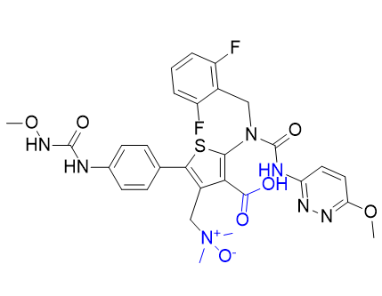 瑞盧戈利雜質(zhì)15,1-(4-carboxy-5-(1-(2,6-difluorobenzyl)-3-(6-methoxypyridazin-3-yl)ureido)-2-(4-(3-methoxyureido)phenyl)thiophen-3-yl)-N,N-dimethylmethanamine oxide