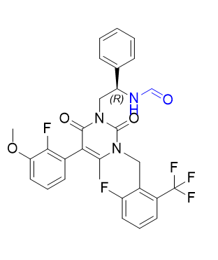 噁拉戈利杂质14,(R)-N-(2-(5-(2-fluoro-3-methoxyphenyl)-3-(2-fluoro-6-(trifluoromethyl)benzyl)-4-methyl-2,6-dioxo-3,6-dihydropyrimidin-1(2H)-yl)-1-phenylethyl)formamide