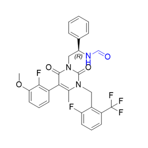 噁拉戈利杂质14,(R)-N-(2-(5-(2-fluoro-3-methoxyphenyl)-3-(2-fluoro-6-(trifluoromethyl)benzyl)-4-methyl-2,6-dioxo-3,6-dihydropyrimidin-1(2H)-yl)-1-phenylethyl)formamide