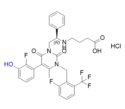 噁拉戈利雜質(zhì)01,(R)-4-((2-(5-(2-fluoro-3-hydroxyphenyl)-3-(2-fluoro-6-(trifluoromethyl)benzyl)-4-methyl-2,6-dioxo-3,6-dihydropyrimidin-1(2H)-yl)-1-phenylethyl)amino)butanoic acid hydrochloride