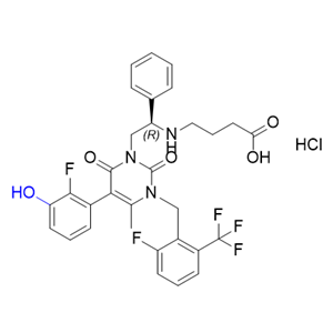 噁拉戈利杂质01,(R)-4-((2-(5-(2-fluoro-3-hydroxyphenyl)-3-(2-fluoro-6-(trifluoromethyl)benzyl)-4-methyl-2,6-dioxo-3,6-dihydropyrimidin-1(2H)-yl)-1-phenylethyl)amino)butanoic acid hydrochloride